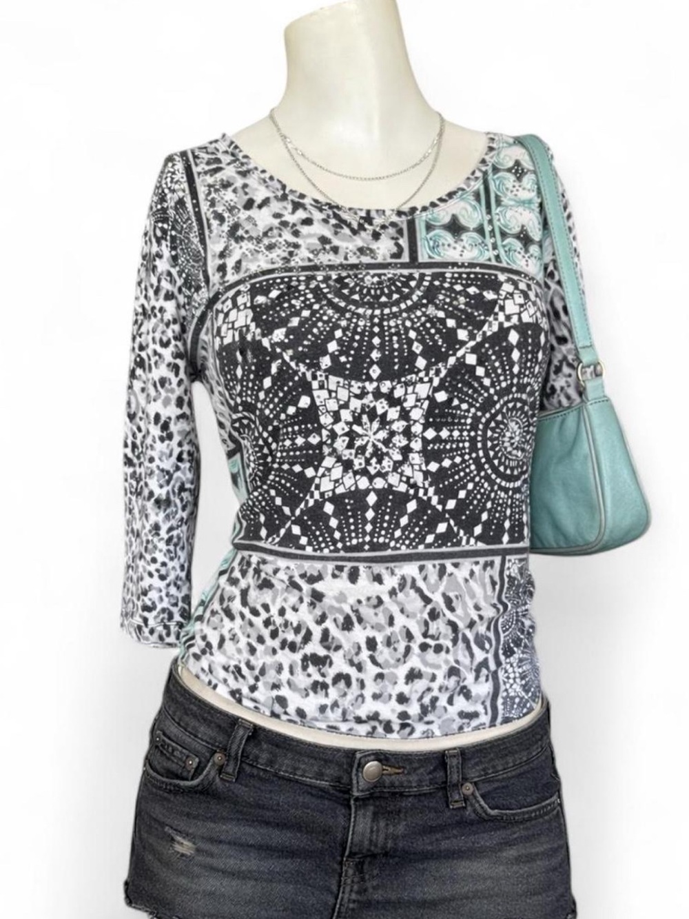 Animal Print Patchwork Top Teal Accent Studded 3/4 Sleeve Stretch Blouse